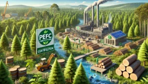 DALL·E 2024-12-05 07.28.57 - A highly realistic illustration representing the PEFC certification in forestry. The scene showcases a lush, well-managed forest with visible certific