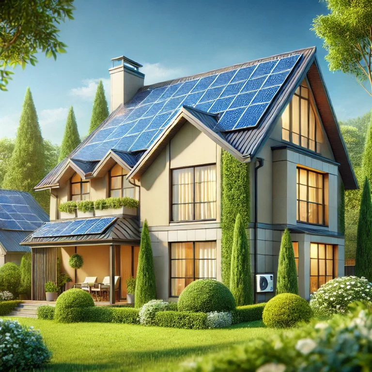 DALL·E 2024-12-07 11.04.12 - A highly realistic illustration of a family home with a solar panel installation on the roof, surrounded by greenery and a clear blue sky. The scene e