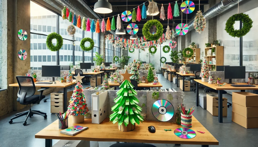DALL·E 2024-12-09 07.03.40 - A creative office environment during the holiday season featuring festive decorations made through upcycling. The scene includes small paper Christmas
