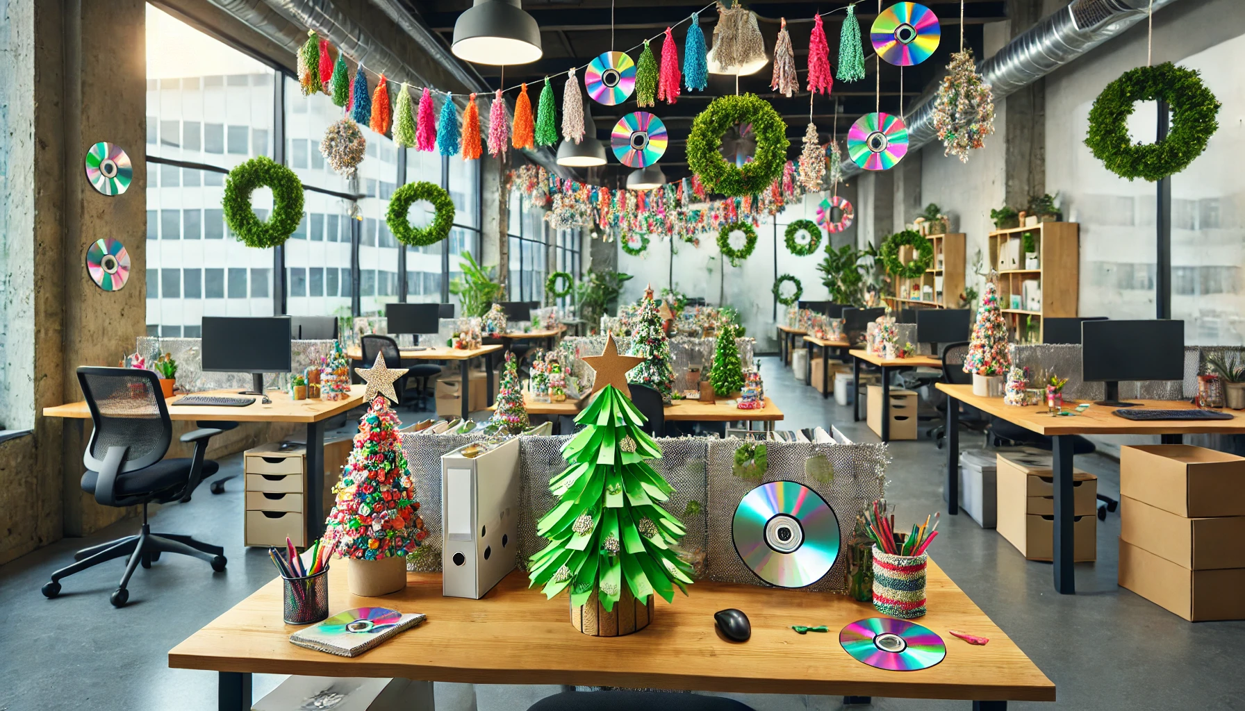 DALL·E 2024-12-09 07.03.40 - A creative office environment during the holiday season featuring festive decorations made through upcycling. The scene includes small paper Christmas