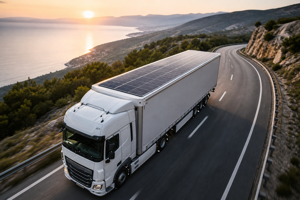 White semi-truck with a solar-panel covered trailer driving along a winding coastal road at sunset.