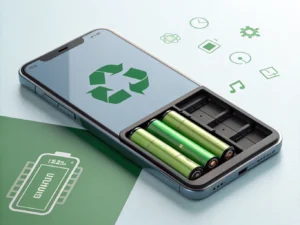 Smartphone with removable battery tray holding four green batteries, recycling symbol on screen, and eco icons in the background—illustrating battery recycling.