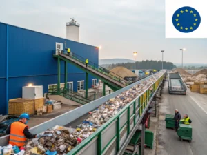 Industrial waste processing facility with a long trash conveyor overlooking a blue building; workers in safety vests on the stairs and near the conveyor.