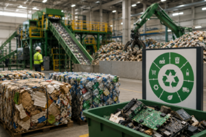Industrial recycling plant scene with green machinery, a worker in a safety vest, and bales of compacted waste.