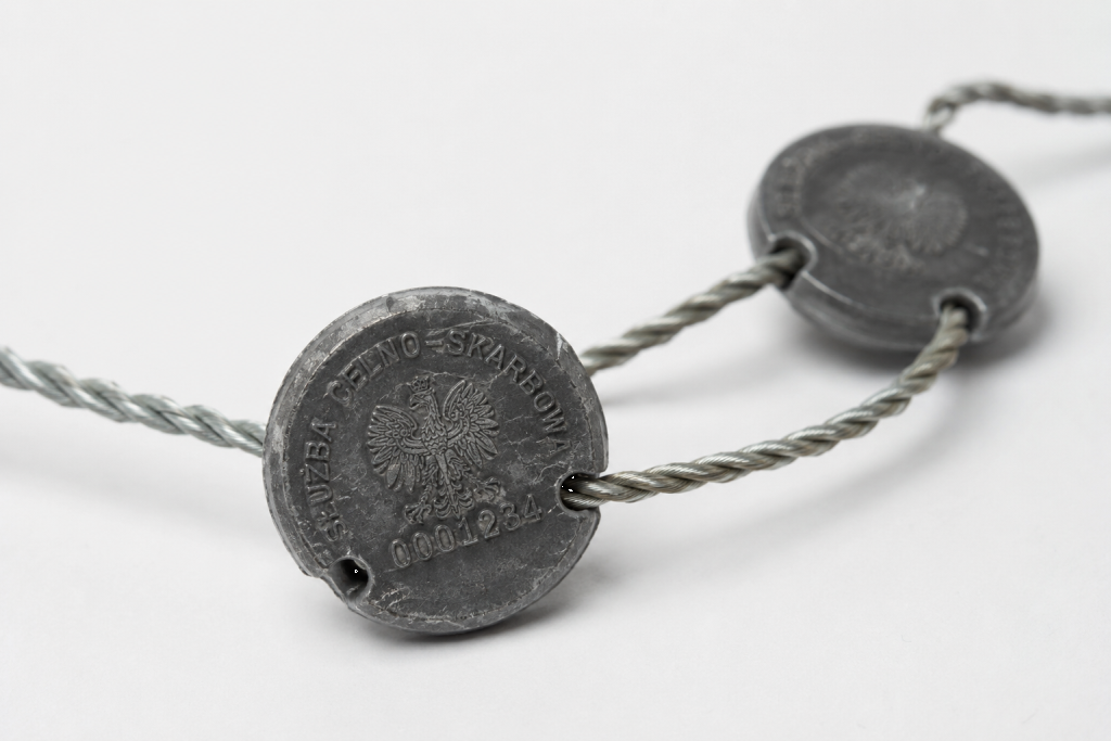 Close-up of a metal coin necklace: round discs threaded on a twisted wire chain, with an eagle design visible on the front.