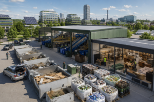 A waste recycling facility with a large open shed, conveyor belts, and workers sorting recyclable materials outdoors next to loading bins and bags of recyclables.
